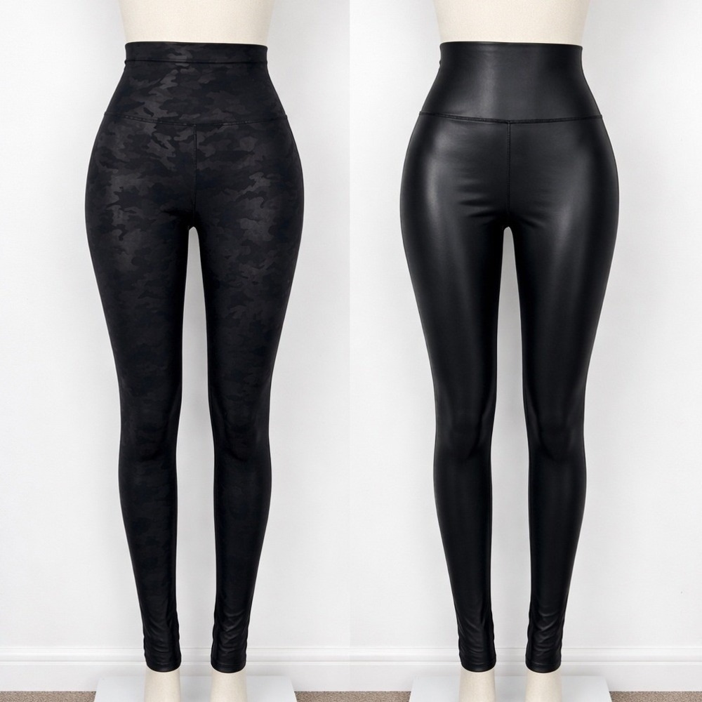 2 Pair Lot - Spanx Faux Leather Leggings Bundle Womens S Black Camo High Waist
